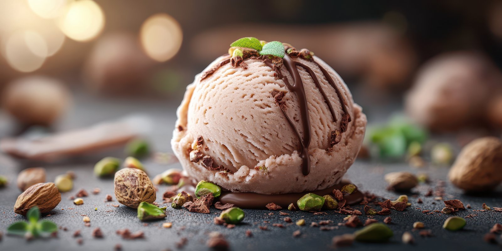 Indulgent chocolate ice cream scoop garnished with mint and nuts on a textured surface
